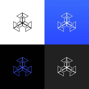 Amblem küpü. Şirketler ve markalar ile mavi degrade için numaraları küp doğrusal logosu.