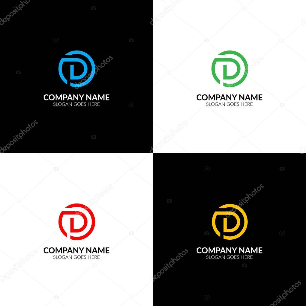 Vector illustration. Letter D in circle logo, icon flat and vector design template. The letter d with geometric element logotype for brand or company with text.