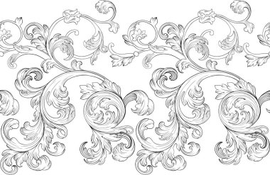 Barok Rönesans monogram çiçek süsü, yaprak parşömeni kabartma işlemeli çiçek desenli filigran desenli beyaz arka planda kaligrafik heraldik dal.. 