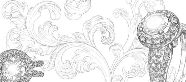 ジュエリーのテーマ 手描きのジュエリーとバロックルネッサンスのモノグラムの花の装飾とグレーの背景 白い背景に貴重な石とネックレスとリングの鉛筆画 — ストック写真