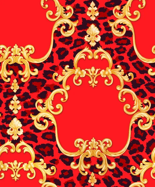 Oro Barocco Rinascimentale Monogramma Floreale Ornamento Leopardo Motivo Rosso Red — Foto Stock