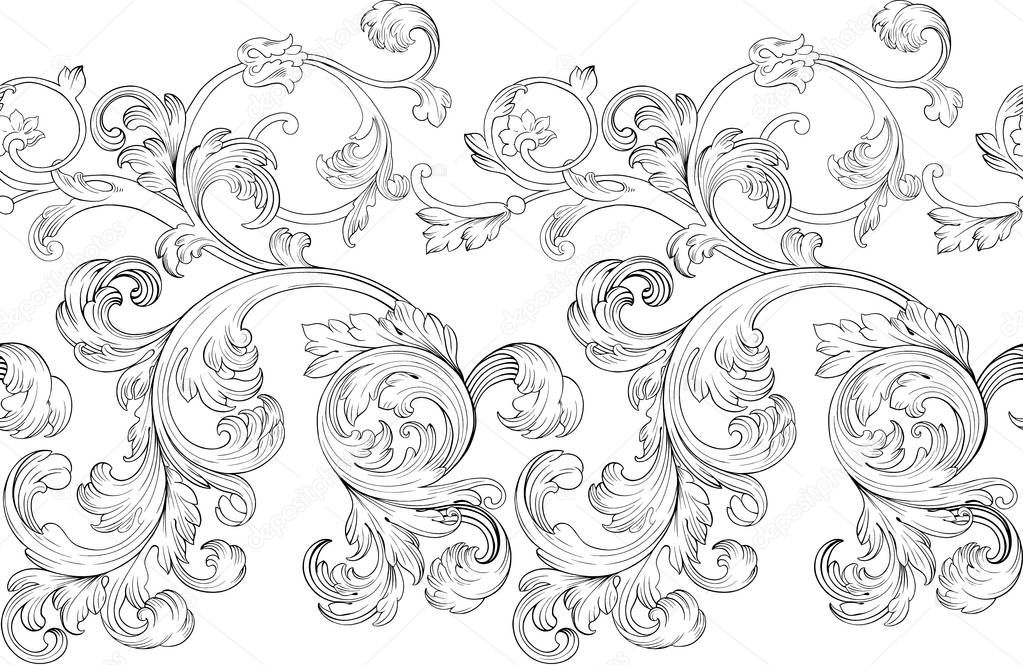 Baroque renaissance monogram floral ornament, leaf scroll engraving retro floral pattern decorative design filigree calligraphic heraldic branch on white background. 