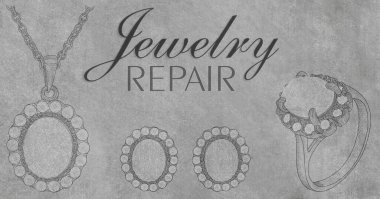 Mücevher tamiri. Kalem şeklinde bir kolye ve gri arka planda değerli taşlar olan bir yüzük. Elle boyanmış elmas yüzüklü bir arka plan. Yaratıcılık ve reklamcılık için doku arka planı