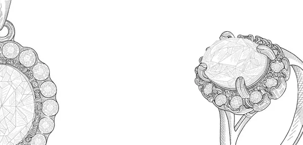Карандашный Рисунок Кольца Драгоценными Камнями Белом Фоне Изолированный Скелет Белый — стоковое фото