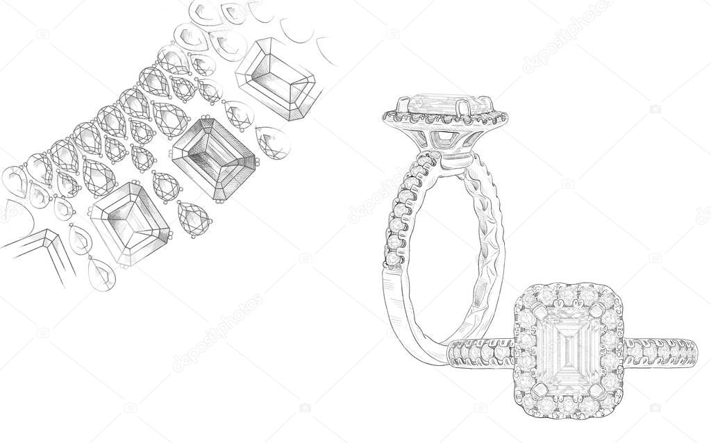 Pencil drawing of a necklace and a ring with precious stones on a white background. Isolated sketch. White background with hand painted diamond rings. Texture background for creativity and advertising