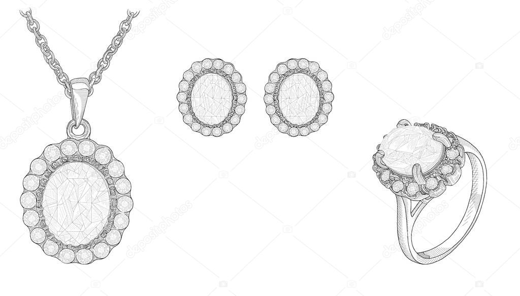 Pencil drawing of a ring with precious stones on a white background. Isolated sketch. White background with hand painted diamond ring. Texture background for creativity and advertising