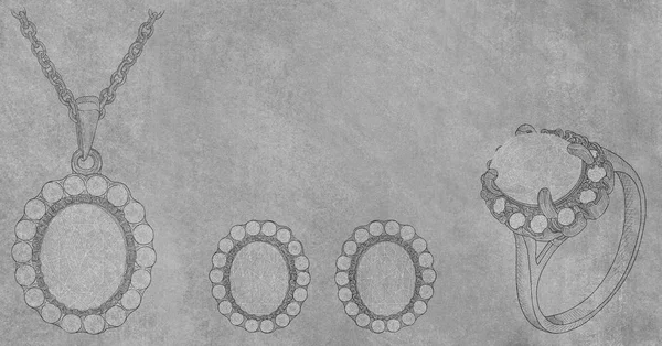 Bleistiftzeichnung Einer Kette Und Eines Rings Mit Edelsteinen Auf Grauem — Stockfoto