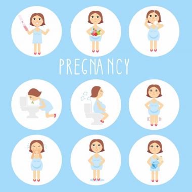 hamilelik belirtileri - toxemia şişme, duygusal dengesizlik, mide problemleri gebeliğin belirtileri illüstrasyon vektör. Anne ve bebek. Beyaz arka plan üzerinde izole