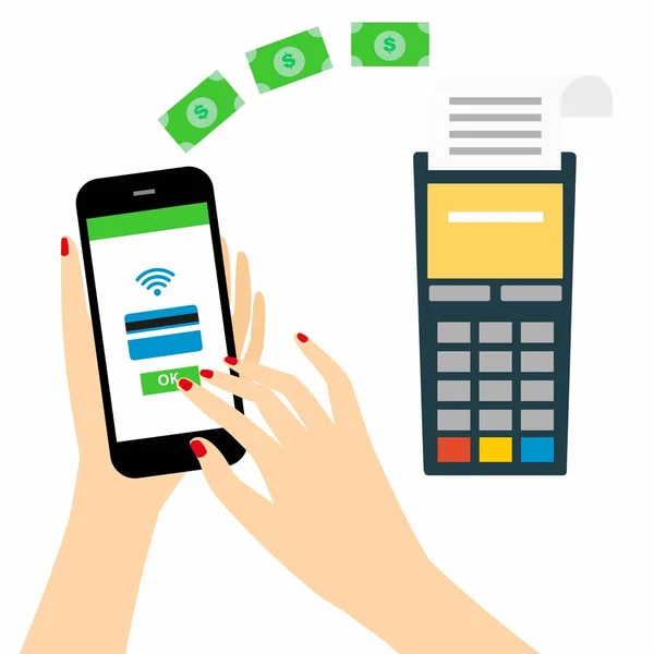 Ilustração vetorial de smartphone moderno com processamento de pagamentos móveis a partir de cartão de crédito na tela . — Vetor de Stock
