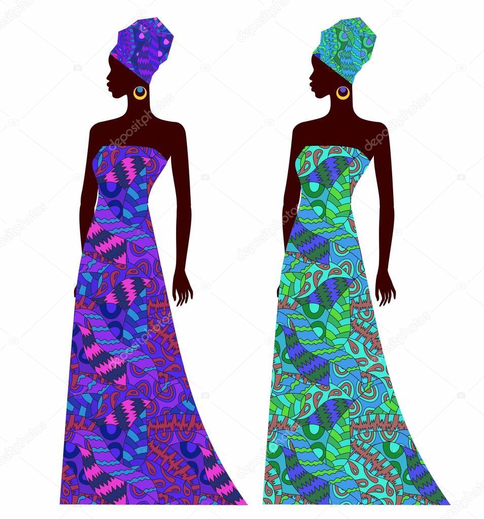silhouette of a beautiful African woman in a bright dress with ornament