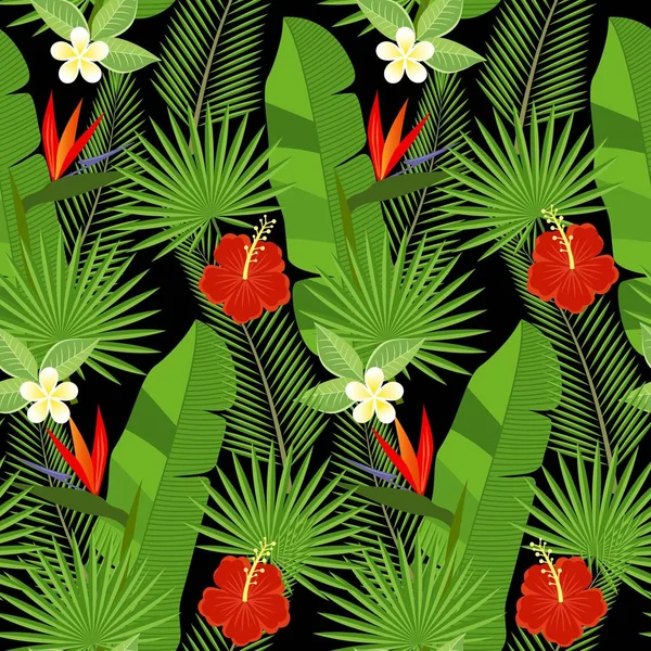 Seamless tropical leaves and flowers - palm, monstera, hibiscus and plumeria, strelitzia reginae — Stock Vector