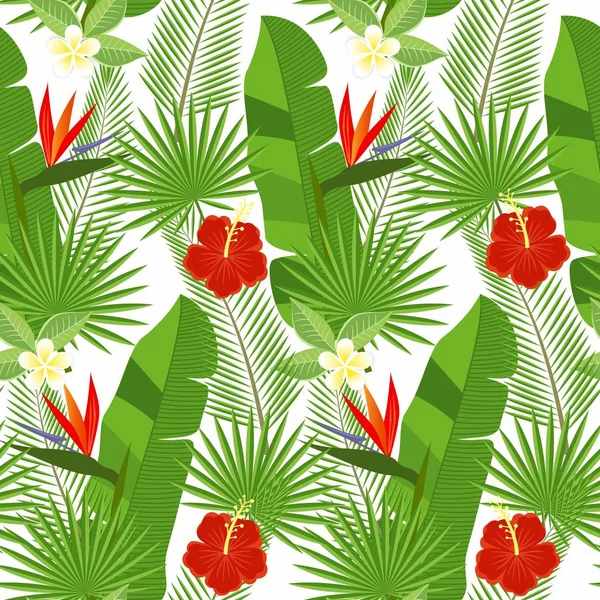 Naadloze tropische bladeren en bloemen - palm, monstera, hibiscus en plumeria, strelitzia reginae — Stockvector