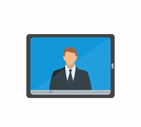 Écran de la tablette avec l'homme en costume sur la vidéo. Concept marketing en style plat. illustration, dessin plat. copie bitmap — Image vectorielle