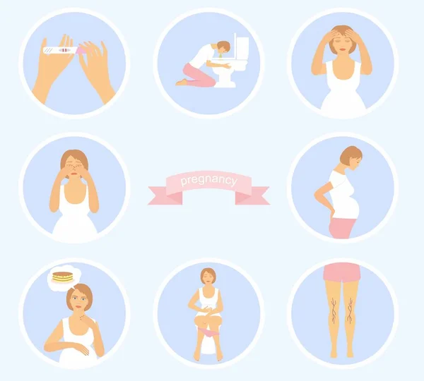 Vector illustration signs of pregnancy symptoms - toxemia of pregnancy, swelling, emotional instability, stomach problems — Stock Illustration Vector illustration signs of pregnancy symptoms - toxemia of pregnancy, swelling, emotional instability, stomach problems Vector Graphics