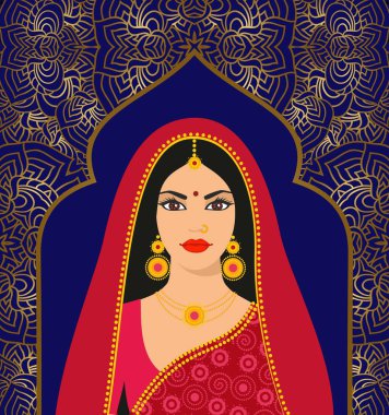 Güzel Hintli esmer genç kadın süs arka planı renkli sari