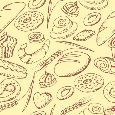 Beyaz arka plan üzerinde el çekilmiş ekmek. Dikişsiz desen arka plan.