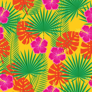tropikal çiçek ve yaprakları parlak sorunsuz arka plan
