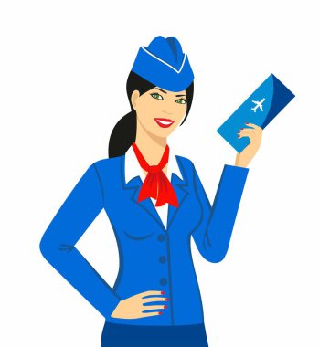 Hostes gösterimi ile bir bilet elinde beyaz arka plan üzerinde izole mavi üniforma giymiş