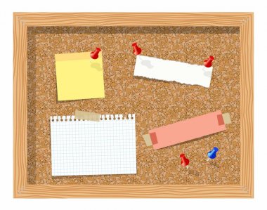 Cork board with pinned paper notepad sheets realistic vector illustration. vector illustration board for notes. A noteboard made of cork with some pins and blank papers clipart