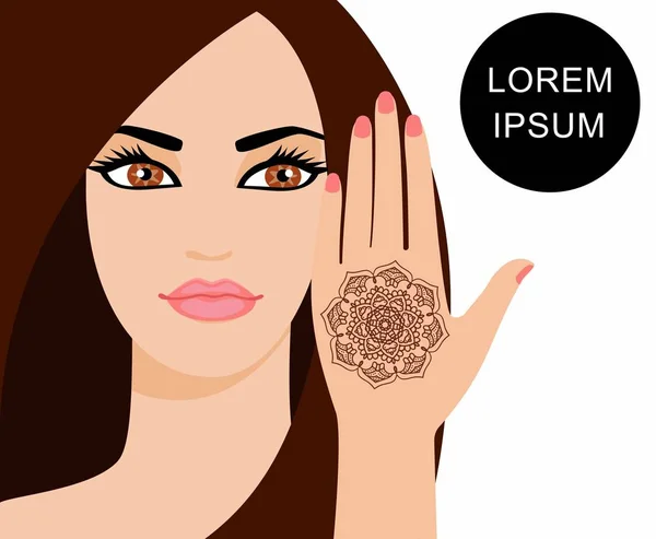 Ilustración vectorial de una hermosa chica con el pelo largo. Elemento yoga mudra manos con patrones mehendi. Ilustración vectorial para un estudio de yoga, tatuaje, balnearios, postales, recuerdos . — Archivo Imágenes Vectoriales