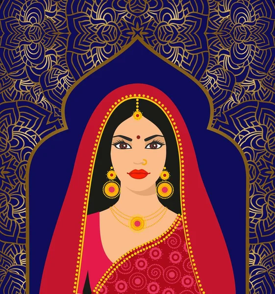 Красива індійська брюнетка молода жінка в Сарі барвисті на тлі Орнамент — стоковий вектор