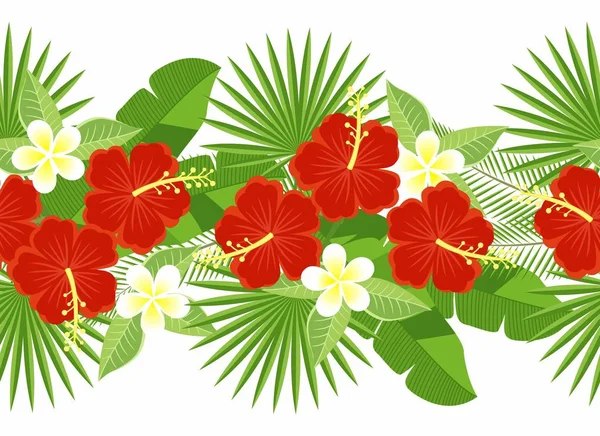 Seamless strip of tropical flowers and leaves. decorative strip of flowers of hibiscus and plumeria, palm leaf, monstera. Floral pattern. plumeria and hibiscus. — Stock Vector