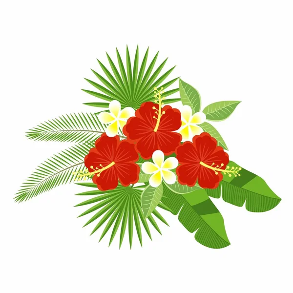 Un bouquet de fleurs tropicales et de feuilles isolées sur fond blanc. Fleurs d'hibiscus et plumeria, feuille de palmier, monstère. Motif floral. plumeria et hibiscus . — Image vectorielle