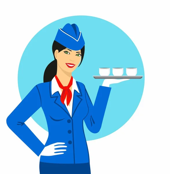 Ilustração de aeromoça vestida de uniforme azul carregando uma bandeja com copos na mão — Vetor de Stock