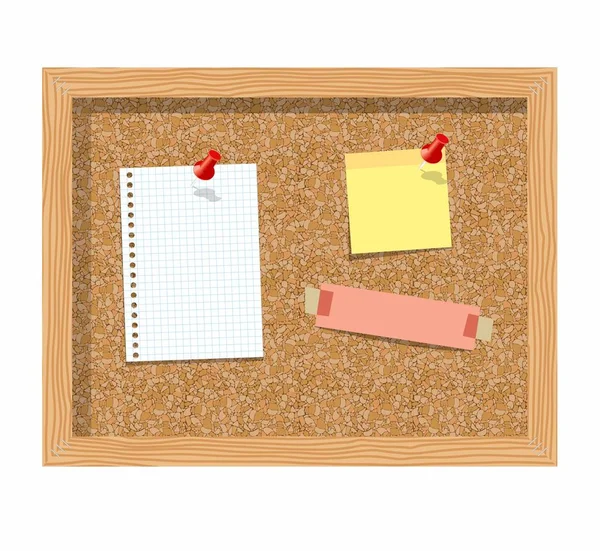 Cork board with pinned paper notepad sheets realistic vector illustration. vector illustration board for notes. A noteboard made of cork with some pins and blank papers — Stock Vector