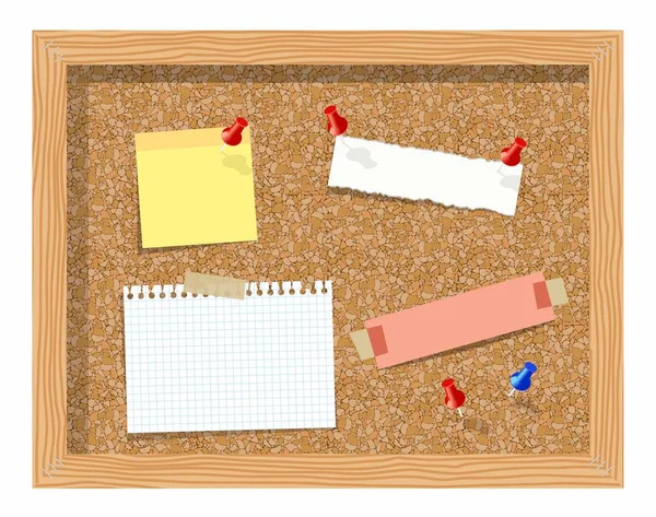 Cork board with pinned paper notepad sheets realistic vector illustration. vector illustration board for notes. A noteboard made of cork with some pins and blank papers — Stock Vector