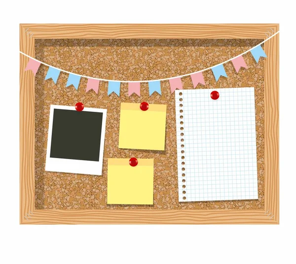 Cork board with a piece of paper in the cage for paper records, photo frames and garland of flags — Stock Vector