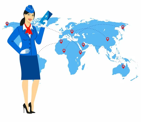 Illustration of a stewardess in blue uniform holding tickets in hand, against the background of the world map.Travel concept — Stock Vector