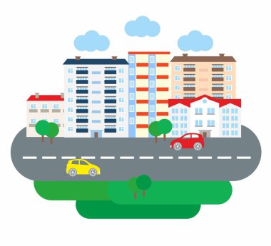 Şehir hayatı iş düz tasarım tarzında. Küçük bir kasaba mimarisi. Vektör çizim.