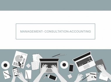 İşyerinde kavramlar için işletme, pazarlama yönetimi, Accounting.Women. Eller, Resepsiyon, laptop perde Üstten Görünüm.
