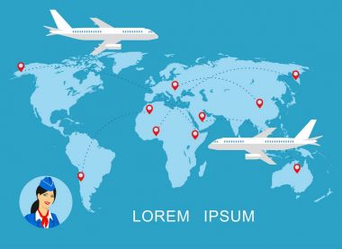 Mavi Dünya Haritası arka planı Tekdüzen bir hostes Illustration. Seyahat kavramı