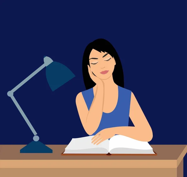 Chica con exceso de trabajo durmiendo en el lugar de trabajo — Vector de stock