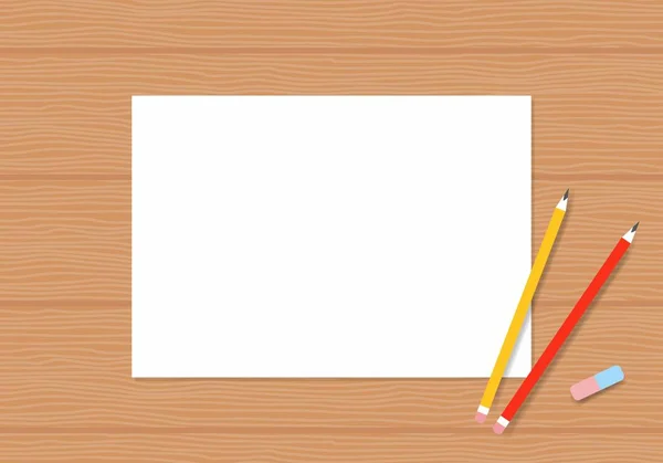 Biała kartka papieru z ołówkiem na stół z drewna. Stron albumu z kredki do rysowania na drewnianym stole — Wektor stockowy