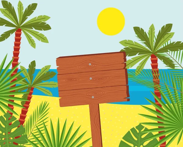 Panneaux en bois sur une belle plage tropicale. Illustration d'une enseigne au bord de la mer — Image vectorielle