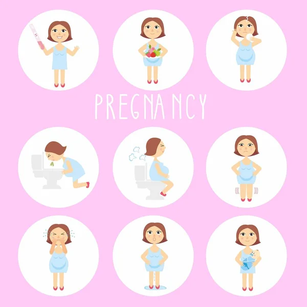 Ilustración vectorial signos de síntomas del embarazo - toxemia del embarazo, hinchazón, inestabilidad emocional, problemas estomacales. Mamá y bebé. aislado sobre fondo blanco — Vector de stock