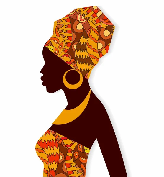 Silhouette of African girls in bright colored turban on her head in profile with earrings. — Stock Vector