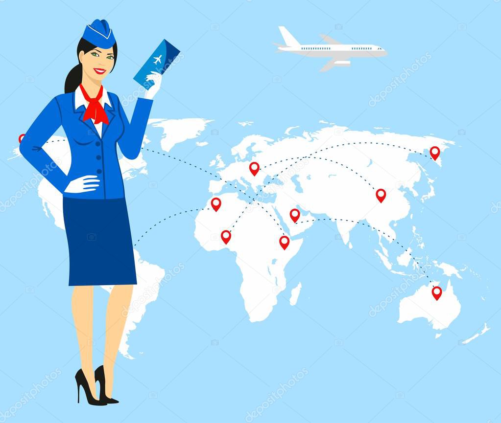 illustration of a stewardess in blue uniform holding tickets in hand, against the background of the world map.Travel concept