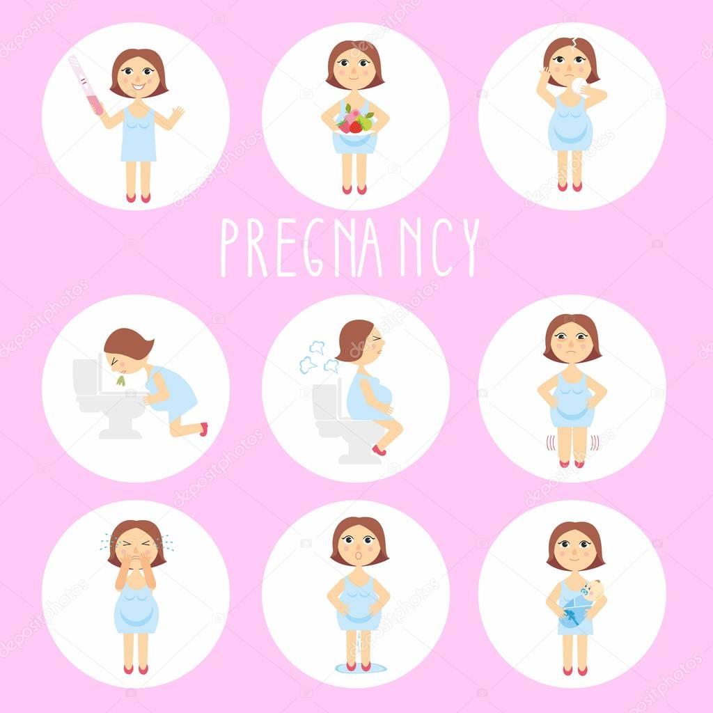 vector illustration signs of pregnancy symptoms - toxemia of pregnancy, swelling, emotional instability, stomach problems. mom and baby. isolated on white background