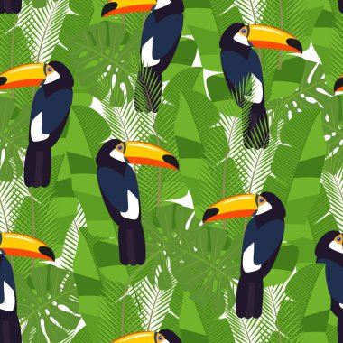sorunsuz tropikal yaprak - palm, monstera, tropikal kuşlar. Orman dokusu. Duvar kağıtları, desen dolgularını, web sayfası arka planlar, yüzey dokuları, tekstil için mükemmel. Vektör çizim