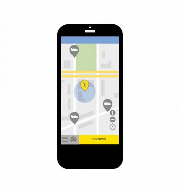 Ulaşım ağı app, bir taksi tarafından cep telefonu konsepti, modern smartphone uygulama ile online taksi servis siparişi üzerine beyaz izole ekran üye için aradım