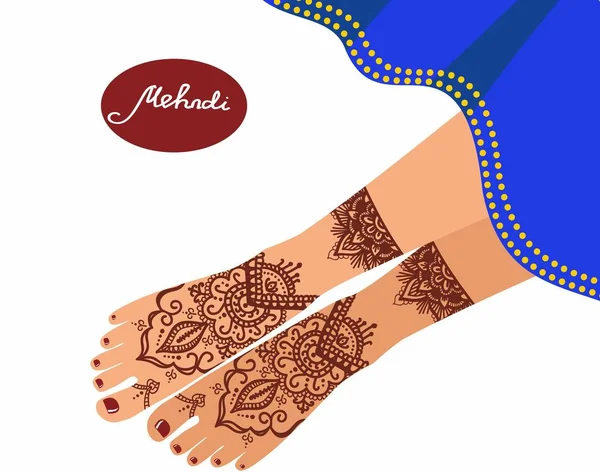 Beine mit Mehendi-Mustern. Vektor-Illustration für ein Yoga-Studio, Tätowierungen, Spas, Postkarten, Souvenirs. Traditioneller indischer Lebensstil. — Stockvektor