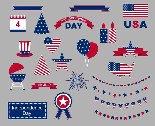 USA celebration flat national symbols set for independence day isolated o n gray background — Stock Vector