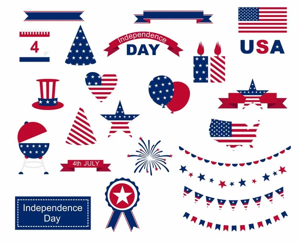 USA celebration flat national symbols set for independence day isolated on white background — Stock Vector