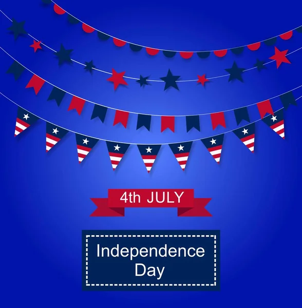 Ευτυχισμένη ημέρα της ανεξαρτησίας πανό. Χρώμα φόντου με μια γιρλάντα από αμερικανικές σημαίες. Αφίσα γιορτή αμερικανική ημέρα της ανεξαρτησίας, εικονογράφηση διάνυσμα. — Διανυσματικό Αρχείο