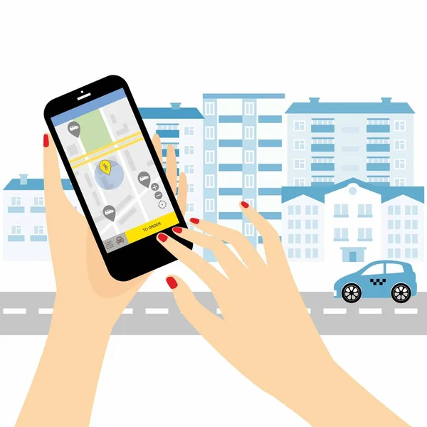 Serviço de táxi. Smartphone e tela sensível ao toque, skyscrapers.Transportation aplicativo de rede, chamando uma cabine pelo conceito de telefone móvel . — Vetor de Stock