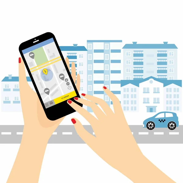 Taksi hizmeti. Smartphone ve dokunmatik ekran, şehir gökdelenler. Ulaşım ağı app, cep telefonu konsepti taksi çağırma.